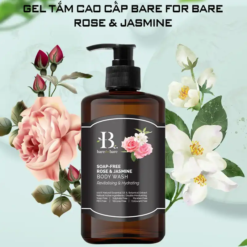 Gel tắm dưỡng ẩm Bare For Bare chính hãng giá tốt - Rose & Jasmine (phục hồi & dưỡng ẩm) - Shopbiz